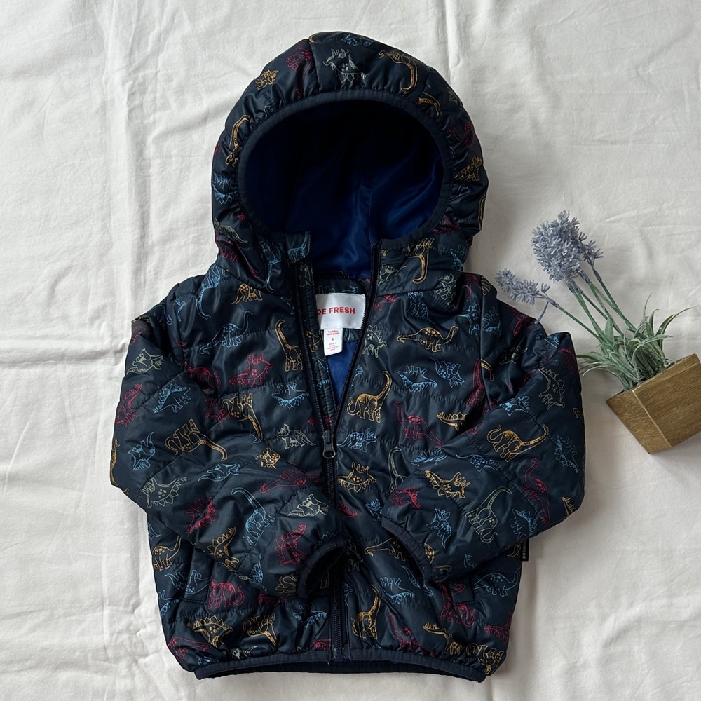 Joe Fresh Navy Kids' Dinosaur Puffer Jacket with Multi-Color Dino Print